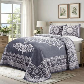 Kymbal Cotton Blend Woven Medallion Jacquard Bedspread Set (Color: Denim Blue, size: Twin)