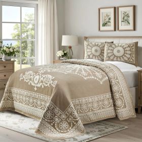 Kymbal Cotton Blend Woven Medallion Jacquard Bedspread Set (Color: Taupe, size: Full)