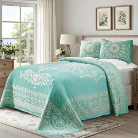 Kymbal Cotton Blend Woven Medallion Jacquard Bedspread Set (Color: Turquoise, size: Queen)