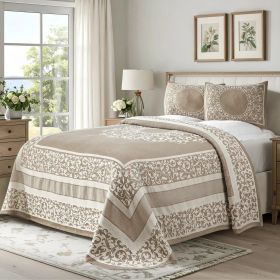 Lightweight Cotton Bedspread Set 3-Piece Lyron Floral Scroll Jacquard (Color: Taupe, size: Full)