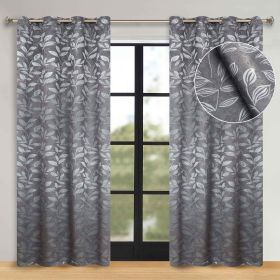 Leaves Room Darkening Washable Blackout Curtain Panels, Set of 2 (Color: Nickel Black, size: 70" x 96")