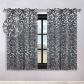 Leaves Room Darkening Washable Blackout Curtain Panels, Set of 2 (Color: Nickel Black, size: 70" x 63")