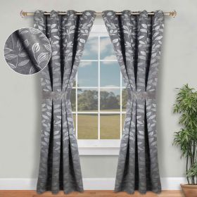 Blackout Window Curtains Leaves Pattern Room Darkening Set of 2 (Color: Nickel Black, size: 46" x 96")