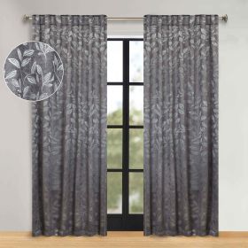 Leaves Room Darkening Back Tabs Blackout Curtain Panels, Set of 2 (Color: Nickel Black, size: 52" x 96")