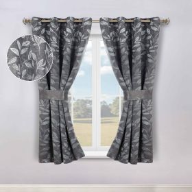 Blackout Window Curtains Leaves Pattern Room Darkening Set of 2 (Color: Nickel Black, size: 46" x 63")