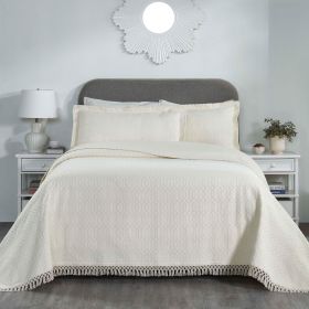 Lightweight Cotton Bedspread Set 3-Piece Remi Geometric Fringe Jacquard (Color: Ivory, size: Full)