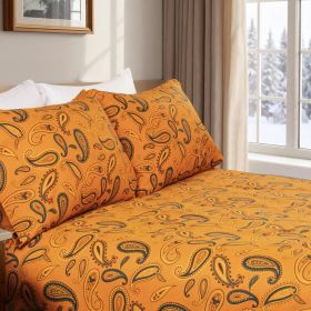 100% Cotton Flannel Bed Sheet Set Floral Paisley Deep Pocket (Color: Pumpkin, size: Full)