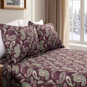 100% Cotton Flannel Bed Sheet Set Floral Paisley Deep Pocket (Color: Purple, size: Full)