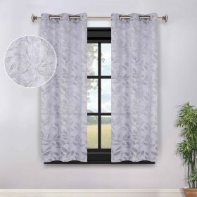 Blackout Curtains Leaves Pattern Room Darkening Grommet 2 Panels (Color: Silver, size: 42" X 63")
