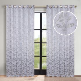 Blackout Curtains Leaves Pattern Room Darkening Grommet 2 Panels (Color: Silver, size: 70" x 84")