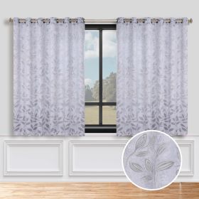 Blackout Curtains Leaves Pattern Room Darkening Grommet 2 Panels (Color: Silver, size: 70" x 63")