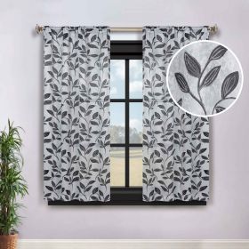 Leaves Room Darkening Washable Blackout Curtain Panels, Set of 2 (Color: Silver/Black, size: 36" x 63")