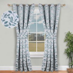 Blackout Window Curtains Leaves Pattern Room Darkening Set of 2 (Color: Teal, size: 46" x 84")