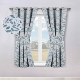 Blackout Window Curtains Leaves Pattern Room Darkening Set of 2 (Color: Teal, size: 46" x 63")