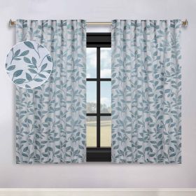 Leaves Room Darkening Back Tabs Blackout Curtain Panels, Set of 2 (Color: Teal, size: 52" x 63")