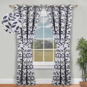 Blackout Window Curtains Leaves Pattern Room Darkening Set of 2 (Color: White Navy Blue, size: 46" x 84")