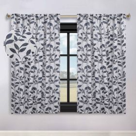 Leaves Room Darkening Back Tabs Blackout Curtain Panels, Set of 2 (Color: White/Navy Blue, size: 52" x 63")