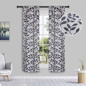 Leaves Room Darkening Washable Blackout Curtain Panels, Set of 2 (Color: White Navy Blue, size: 36" x 63")