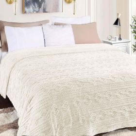 Fleece Blanket – Arctic Boho Knit Jacquard - Plush, Cozy Warmth (Color: Ivory, size: Full/Queen)