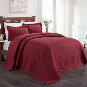 Lightweight Cotton Blend Bedspread Set 3-Piece Aspen Jacquard Floral Scalloped Edge (Color: Burgundy, size: Full)