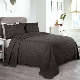 Lightweight Cotton Blend Bedspread Set 3-Piece Aspen Jacquard Floral Scalloped Edge (Color: Charcoal, size: Full)