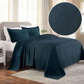 Lightweight Cotton Matelassé Bedspread Set 3-Piece Basketweave Jacquard (Color: Deep Sea, size: Full)