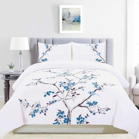 100% Cotton Cherry Garden Embroidered Duvet Cover Set (Color: Blue, size: Full/Queen)