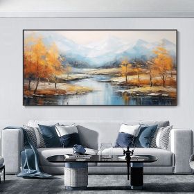 Hand Painted Oil Painting Original Snowy Mountain Canvas Oil Painting Custom Autumn Forest Wall Art Abstract River Landscape Painting Modern Livi (Style: 01, size: 150x220cm)