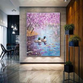 Hand Painted Oil Painting Seaonal Landscape Painting Spring Ducks Floral Painting Oversized Abstract Wall Art Living Room Wall Abstract Art Textu (Style: 01, size: 90x120cm)