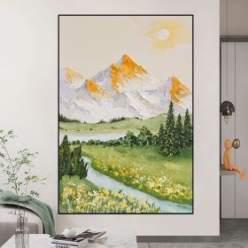 River Landscape Painting Original Oil White Mountain Scenery Art Work Yellow Flower Wall Art Green Blue Painting Living Room Wall Art (Style: 01, size: 120x160cm)