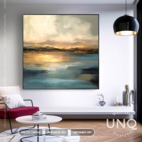 Handmade Oil Painting Luxury Golden Seascape Artwork For Bedroom Original Handmade Abstract Painting On Canvas Modern Home Decor Art Gold Sunrise (Style: 01, size: 50x50cm)