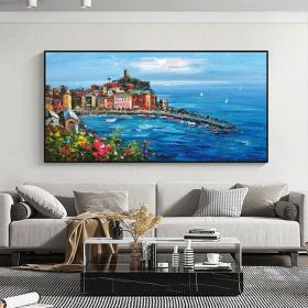 Hand Painted Original Mediterranean Landscape Oil Painting On Canvas Impressionist Mediterranean-Sea Canvas Art Textured Coastal Wall Art For Bed (Style: 01, size: 60x120cm)