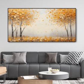 Hand Painted Large Original Golden Forest Landscape Oil Painting Autumn Yellow Tree Fallen Leaves Wall Art Morning Fog Woods Modern Texture Home (Style: 01, size: 60x120cm)