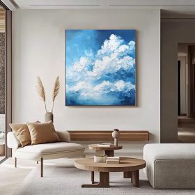 Cloudy Sky Oil Painting Blue and White Cloud Abstract Painting Blue Sky Painting Landscape Wall Painting Minimalist Wall Art (Style: 01, size: 80x80cm)