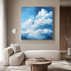 Cloudy Sky Oil Painting Blue and White Cloud Abstract Painting Blue Sky Painting Landscape Wall Painting Minimalist Wall Art (Style: 01, size: 120x120cm)