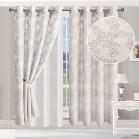 Embroidered Foliage Grommet Sheer Curtain Panel Set (Color: Grey, size: 52" X 84")