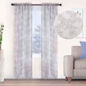 Embroidered Foliage Grommet Sheer Curtain Panel Set (Color: Grey, size: 42" X 108")