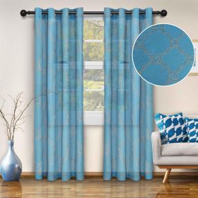 Embroidered Moroccan Trellis Sheer Grommet Curtain Panel Set (Color: Aquarius, size: 52" x 96")