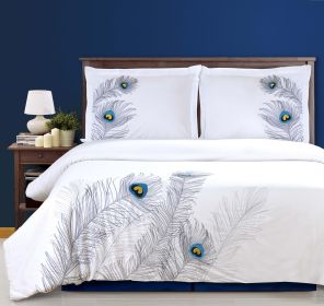 100% Cotton Peacock Embroidered Duvet Cover Set (Color: Silver, size: King/California King)