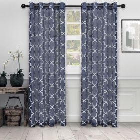 Embroidered Quatrefoil Semi Sheer 2 Piece Curtain Panel Set (Color: Navy Blue, size: 52" x 63")