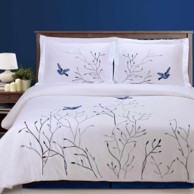 100% Cotton Swallow Floral Embroidered Duvet Cover Set (Color: Medium Blue, size: King/California King)