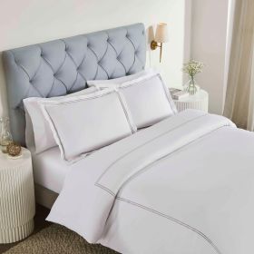 100% Cotton Two-Line Border Embroidered Duvet Cover Set (Color: White/Silver, size: Full/Queen)