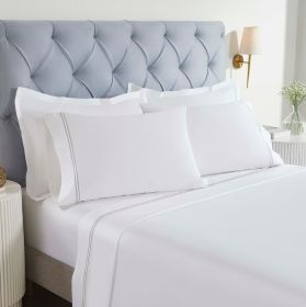 100% Cotton Bed Sheet Set Two-Line Embroidered Deep Pocket Fieldstone (Color: White/Silver, size: King)