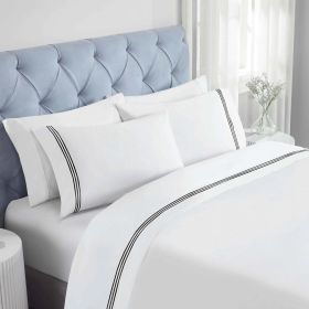 100% Cotton Bed Sheet Set Three-Line Embroidered Deep Pocket Brandon (Color: White/Black, size: Full)