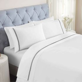 100% Cotton Bed Sheet Set Two-Line Embroidered Deep Pocket Fieldstone (Color: White/Black, size: Full)