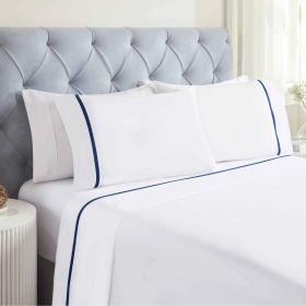 100% Cotton Bed Sheet Set Cross-Stitch Embroidered Deep Pocket Riverton (Color: White/Navy Blue, size: Full)