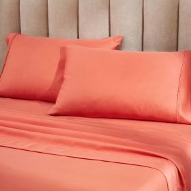 1200 Thread Count Cotton Rich Bed Sheet Set Solid Deep Pocket (Color: Coral, size: King)