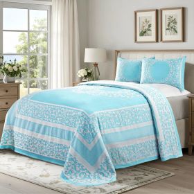 Lightweight Cotton Bedspread Set 3-Piece Lyron Floral Scroll Jacquard (Color: Aqua, size: Queen)