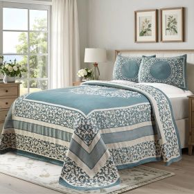 Lightweight Cotton Bedspread Set 3-Piece Lyron Floral Scroll Jacquard (Color: Cerulean Blue, size: Full)
