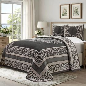 Lightweight Cotton Bedspread Set 3-Piece Lyron Floral Scroll Jacquard (Color: Charcoal, size: Queen)